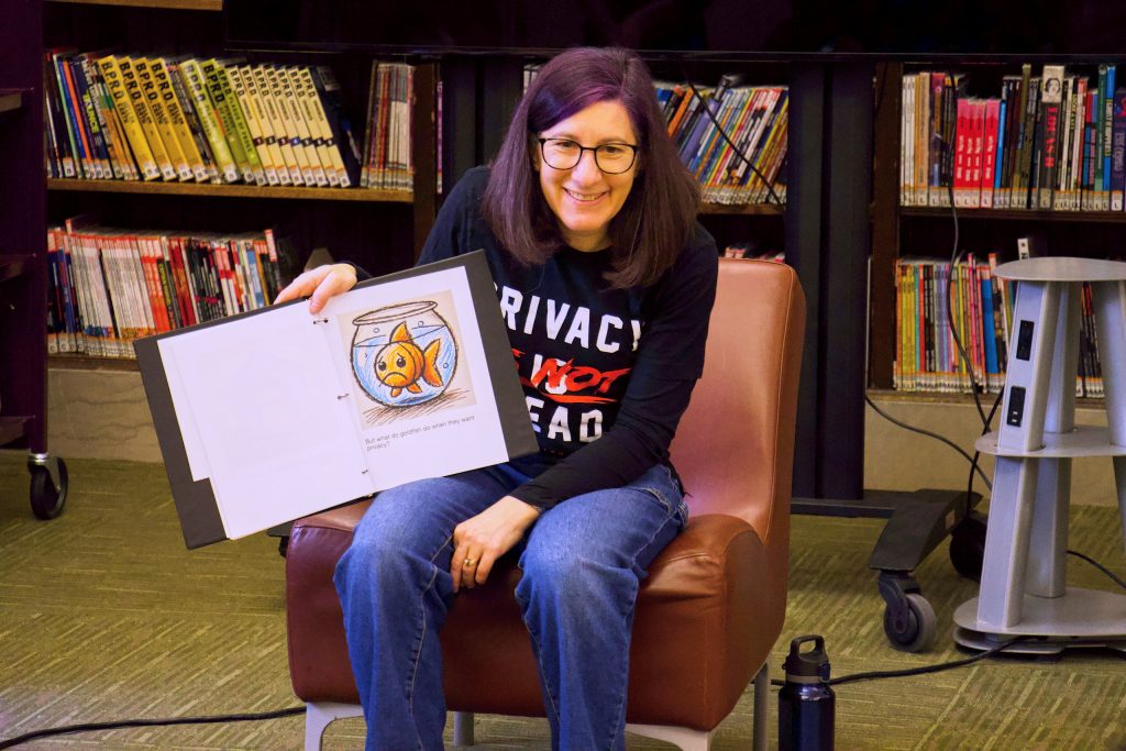 Lorrie Cranor reading an early draft of Privacy Please at the Carnegie Library in Oakland
